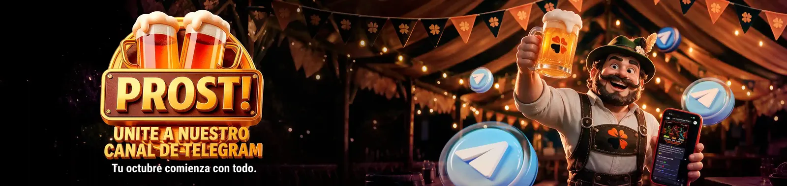Banner de azar latino invitando a su canal de Telegram